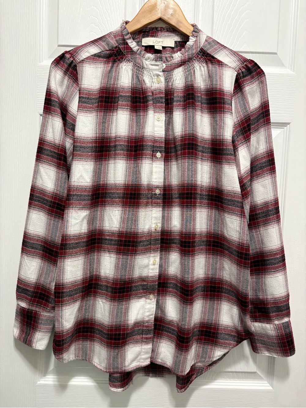 LOFT Plaid Ruffle Neck Flannel Button Front Blouse Burgundy Ivory Gray